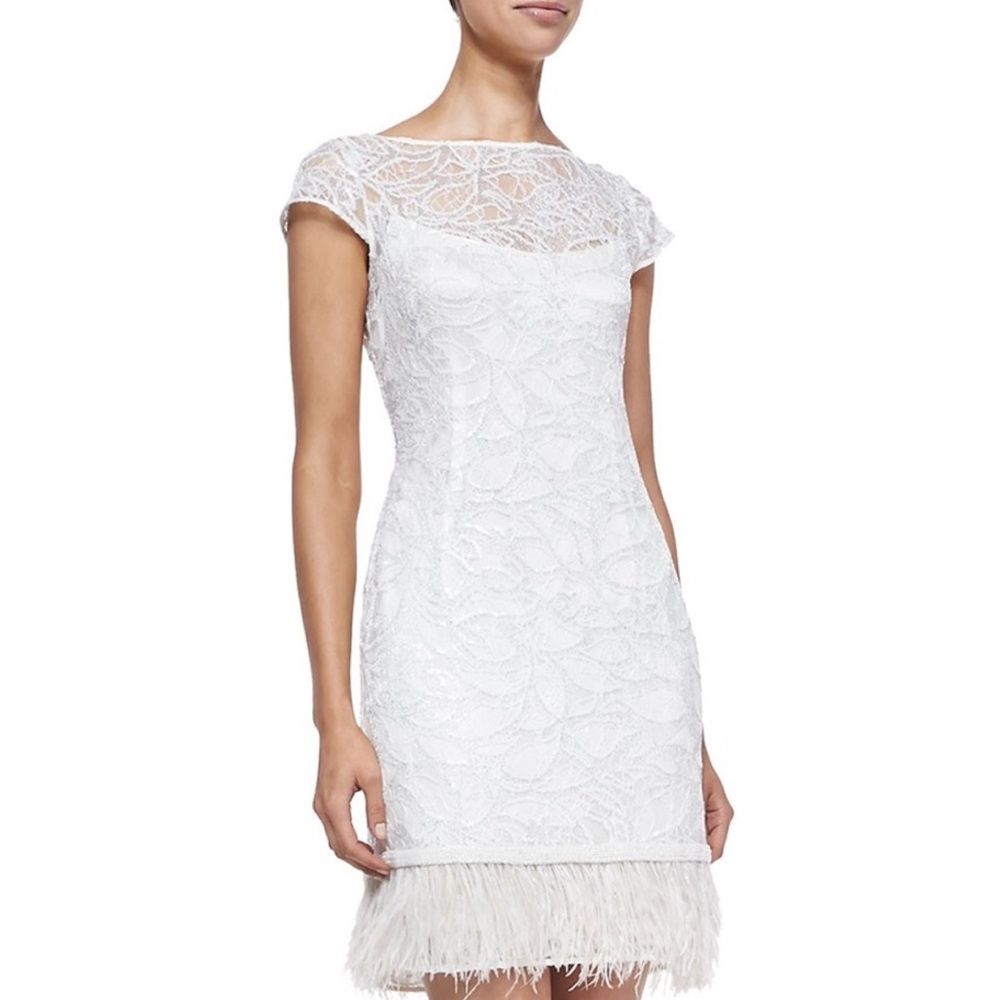 NWT Kay Unger White Sequin Feather Hem Dress - Picture 1 of 8